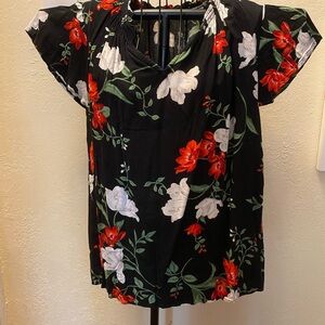 Old Navy Black and White Floral Blouse with Flutter Sleeves